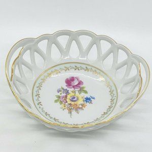 Martinroda Round Reticulated Floral Bowl Gold Trim 5-1/2" Made in East Germany